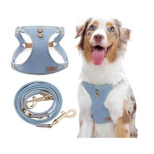 NO PULL 🎾New Puppytie Tan Dog Harness and Leash Set for Medium Dogs Blue Denim